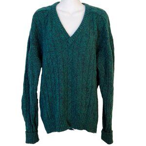 Shetland Wool Cable Knit Pullover Sweater Vneck Vintage Green Marled Superwash